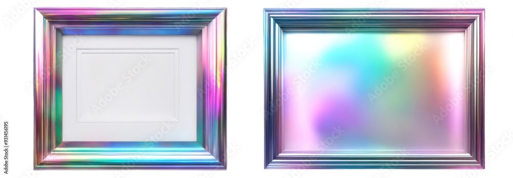 Fototapeta premium Vibrant holographic photo frame showcasing a reflective surface, mockup concept. png, cutout