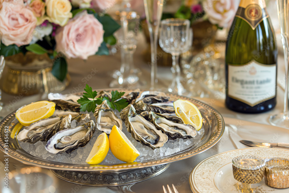 Elegant table setting with a platter of freshly shucked oysters on ice, garnished with lemon wedges and parsley, accompanied by champagne in crystal glasses.