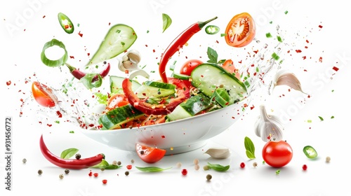 Vegetable salad in explosion bowl with chili, tomato, garlic and cucumber splashing isolated on white background. Realistic vector in 3D illustration. photo