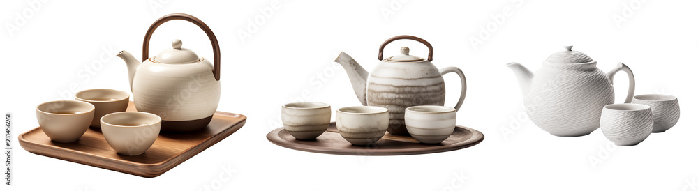 Elegant ceramic teapot sets with cups on wooden trays Elegant ceramic teapot sets with cups on wooden trays