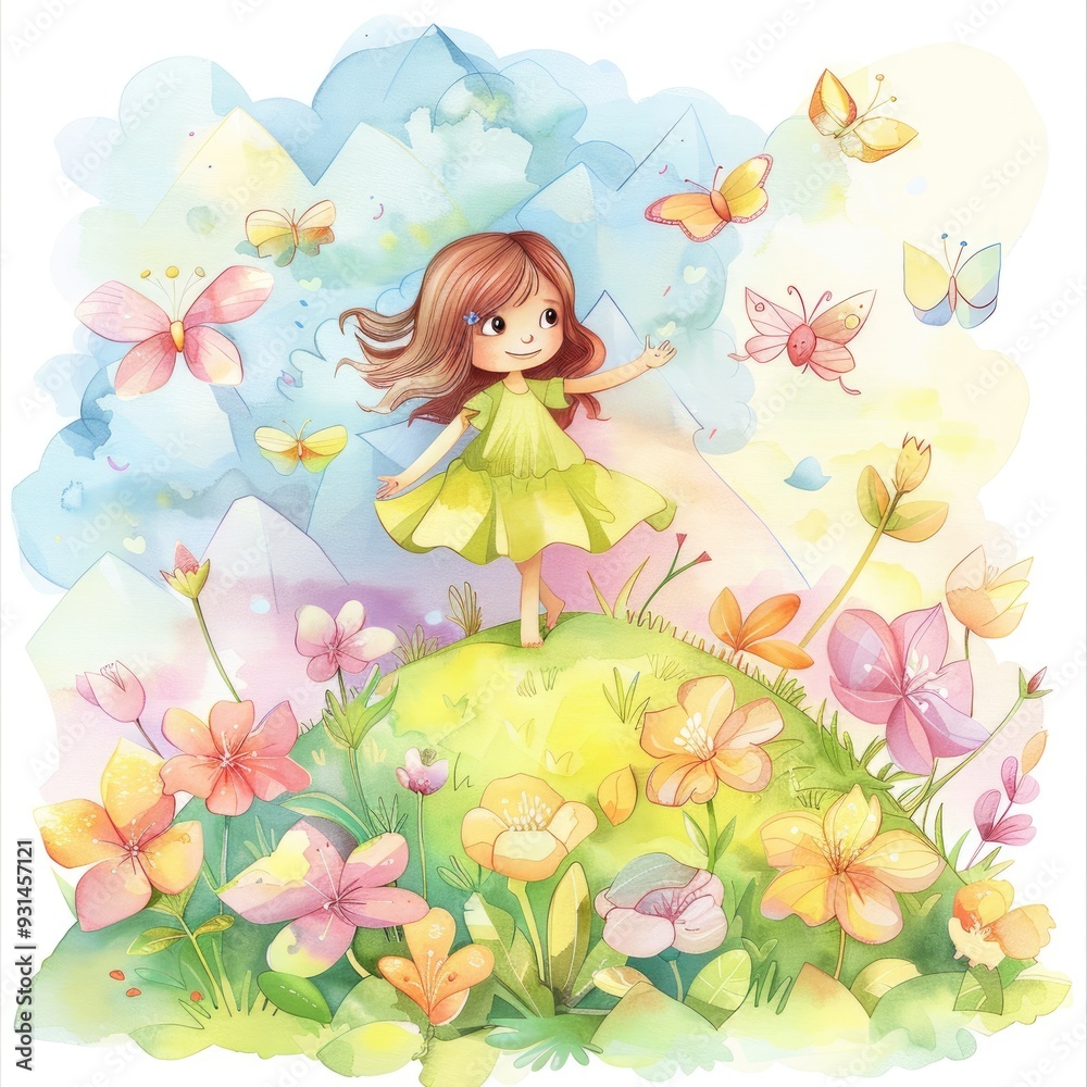 Cartoon girl in green dress surrounded by various flowers and butterflies on grassy hill. Cartoon girl in green dress surrounded by various flowers and butterflies on grassy hill.