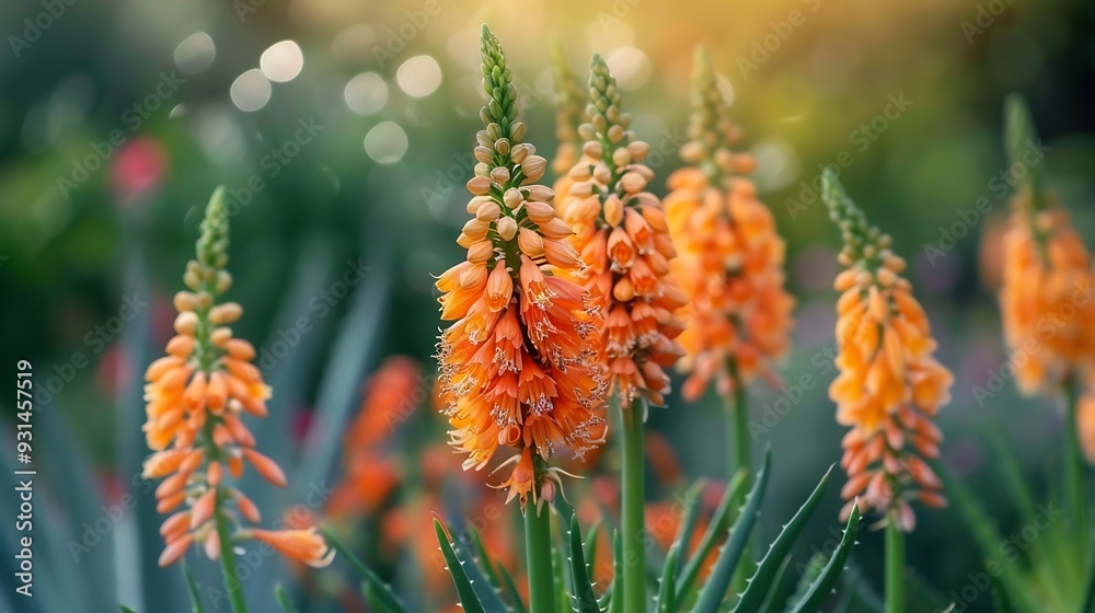 Closeup view of orange aloe vera flowers in botanical garden in Ventnor Isle of Wight United Kingdom : Generative AI Closeup view of orange aloe vera flowers in botanical garden in Ventnor Isle of Wight United Kingdom : Generative AI