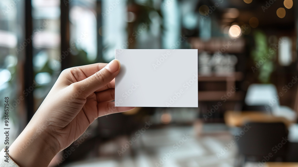A businesswoman holds a white business card mockup in her hand against the background of an office A businesswoman holds a white business card mockup in her hand against the background of an office