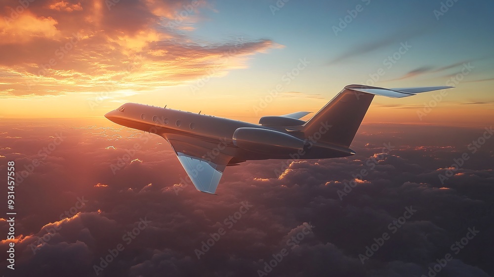 Side view of a private jet soaring through the sky with sunlight reflecting off its sleek body