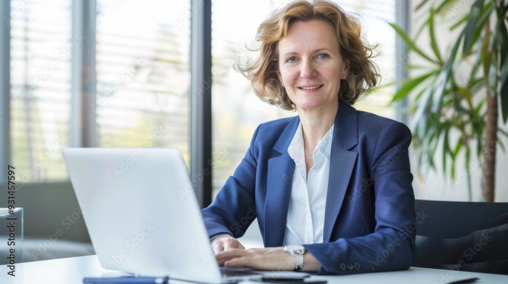 A confident businesswoman in a blue blazer smiles as she works on her laptop in a bright, modern office with large windows and plants. A confident businesswoman in a blue blazer smiles as she works on her laptop in a bright, modern office with large windows and plants.