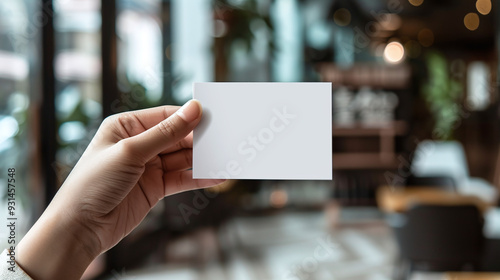 A businesswoman holds a white business card mockup in her hand against the background of an office