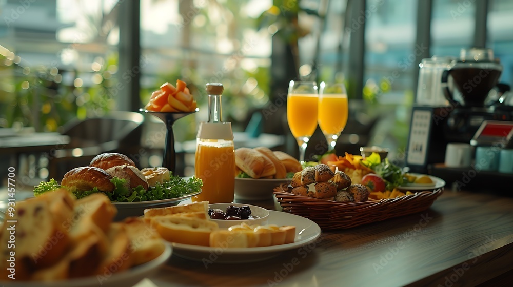 Luxury hotel and five star room service various food platters bread and coffee as inroom breakfast for travel and hospitality brand : Generative AI Luxury hotel and five star room service various food platters bread and coffee as inroom breakfast for travel and hospitality brand : Generative AI