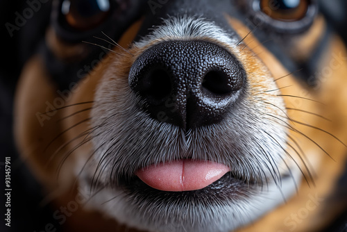 A close up of a dog's nose with its tongue sticking out photo