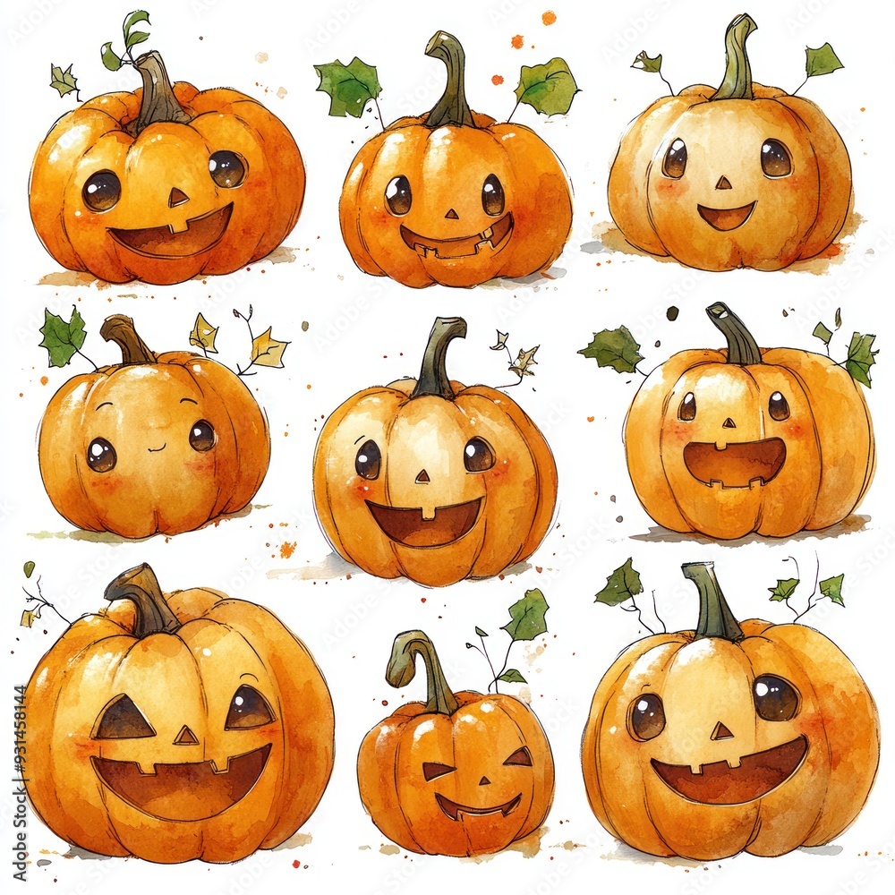 Cute Watercolor Illustration of Nine Pumpkins with Different Faces Cute Watercolor Illustration of Nine Pumpkins with Different Faces