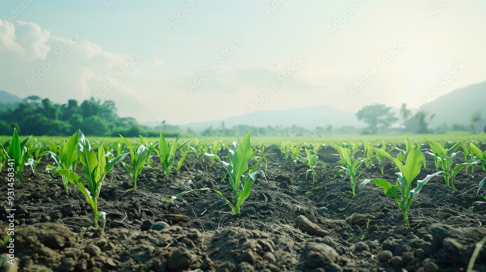 Young green crops emerging from the soil in a vast field under a clear sky, symbolizing new beginnings, growth, and agriculture. Young green crops emerging from the soil in a vast field under a clear sky, symbolizing new beginnings, growth, and agriculture.
