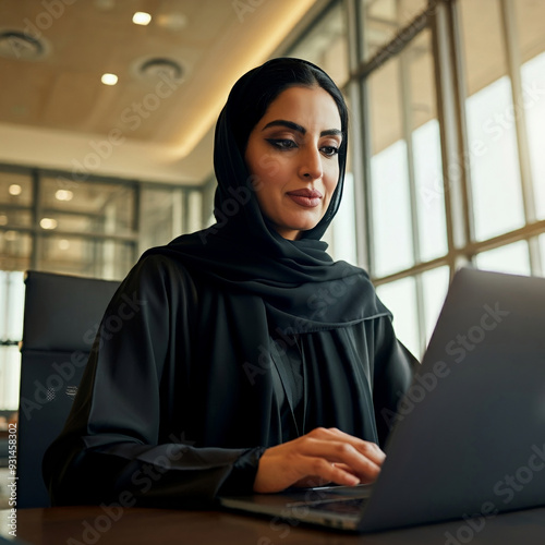 Saudi woman wearing hijab and working on her laptop at the office