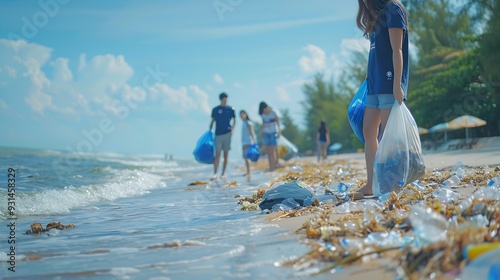 Plastic pollution and environmental problem concept Happy asian diverse group of volunteers with garbage bags wearing blue tshirt and cleaning plastic on the beach Volunteers collectin : Generative AI photo