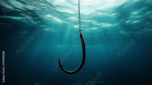 fishing hook underwater with sun rays connected with chain