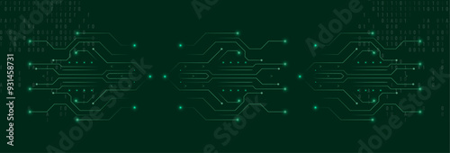 A futuristic dark green circuit board background emphasizes the tech-driven design. The AI banner is enveloped by a digital data matrix, representing the concept of quantum computer technologies.