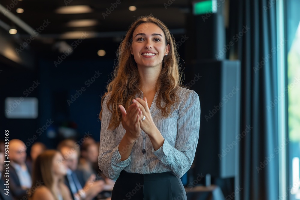 A woman is standing in front of a crowd, clapping her hands. The audience is watching her, and she is giving a speech or presentation. Scene is one of excitement and enthusiasm A woman is standing in front of a crowd, clapping her hands. The audience is watching her, and she is giving a speech or presentation. Scene is one of excitement and enthusiasm