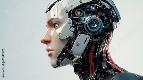 Side view of a humanoid head with a seamless blend of digital interfaces and mechanical components highlighting the future of AI