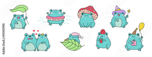 Cute cartoon frogs. Kawaii froggie pack. Baby animals with leaf, mushroom, strawberry, gift, balloon, magic, and love. Cartoon summer magic characters for kids. Flat illustration on a white background