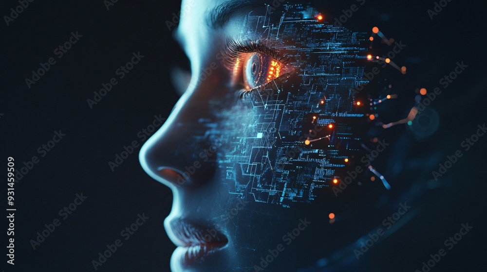 Profile of a humanoid head with holographic data streams and a digital interface projected from the eye Profile of a humanoid head with holographic data streams and a digital interface projected from the eye