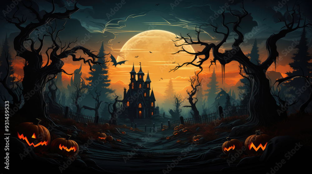generated illustration scary pumpkins stack,full moon nighttime,dark landscape castle and graveyards. generated illustration scary pumpkins stack,full moon nighttime,dark landscape castle and graveyards.