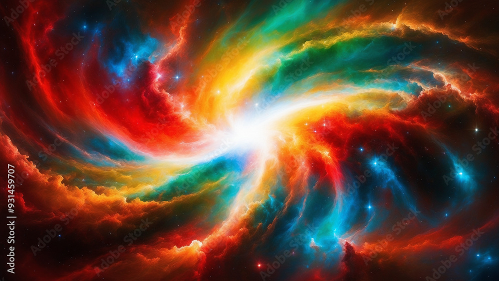 Obraz premium Cosmic Color Burst Background, a dazzling abstract background depicting a cosmic explosion of colors, with swirling galaxies and nebula-like formations