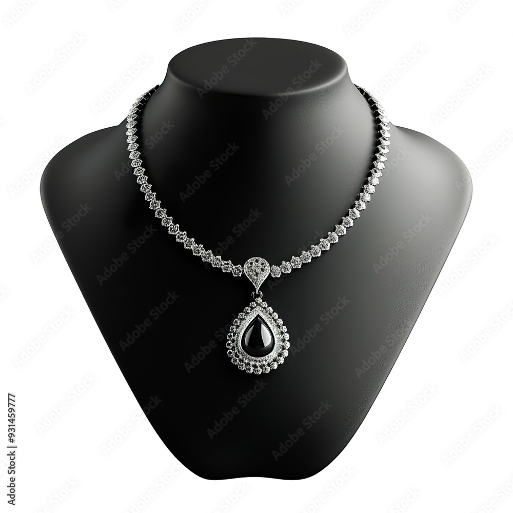 Front view of a cat's eye pendant necklace with a delicate sterling silver chain on a black bust isolated on a white transparent background. Front view of a cat's eye pendant necklace with a delicate sterling silver chain on a black bust isolated on a white transparent background.