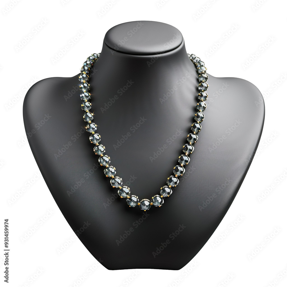 Front view of a kyanite bead necklace with gold vermeil spacer beads on a black bust isolated on a white transparent background Front view of a kyanite bead necklace with gold vermeil spacer beads on a black bust isolated on a white transparent background