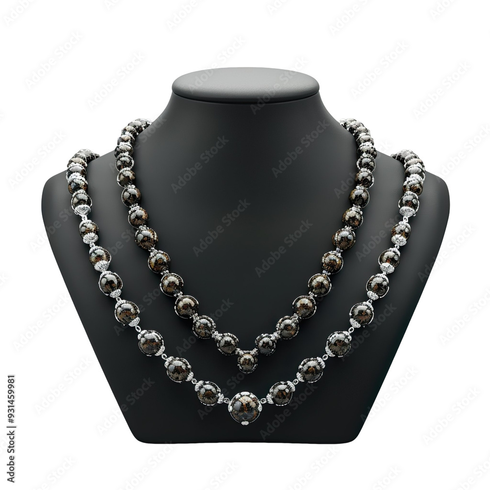 Front view of a jasper bead necklace with silver bead caps on a black bust isolated on a white transparent background Front view of a jasper bead necklace with silver bead caps on a black bust isolated on a white transparent background
