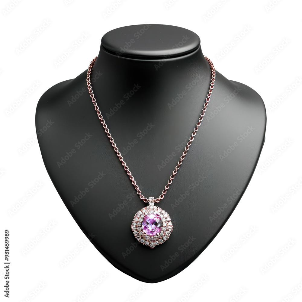 Front view of a kunzite pendant necklace with a delicate rose gold chain on a black bust isolated on a white transparent background Front view of a kunzite pendant necklace with a delicate rose gold chain on a black bust isolated on a white transparent background