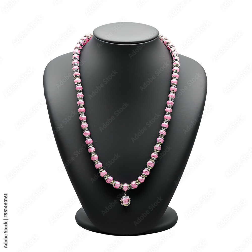 Front view of a rhodochrosite bead necklace with gold-filled spacer beads on a black bust isolated on a white transparent background