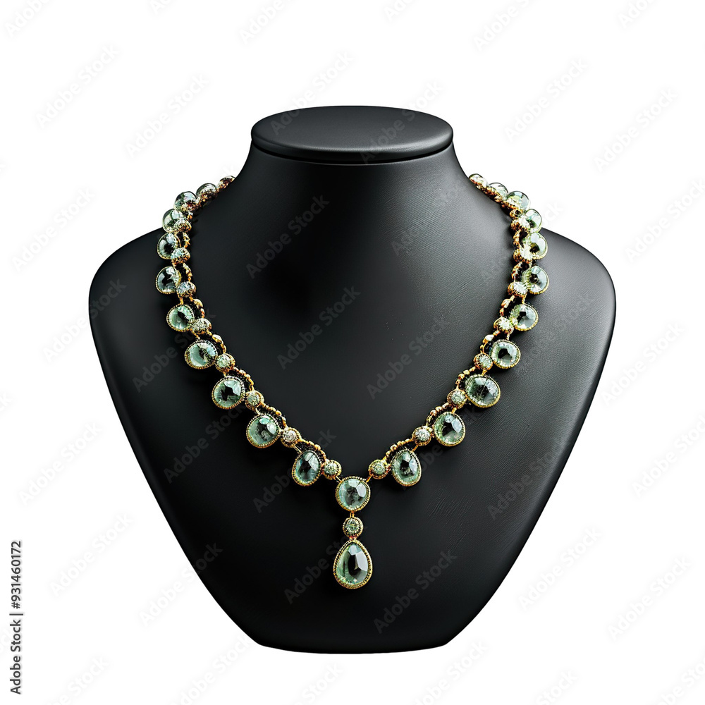 Front view of a prehnite beaded necklace with gold vermeil spacers on a black bust isolated on a white transparent background Front view of a prehnite beaded necklace with gold vermeil spacers on a black bust isolated on a white transparent background