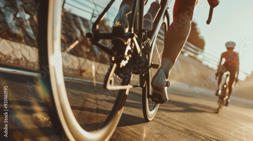 Close-up of a cyclist's legs and bike wheels as they ride energetically on a sunlit road, capturing the intensity of the moment.