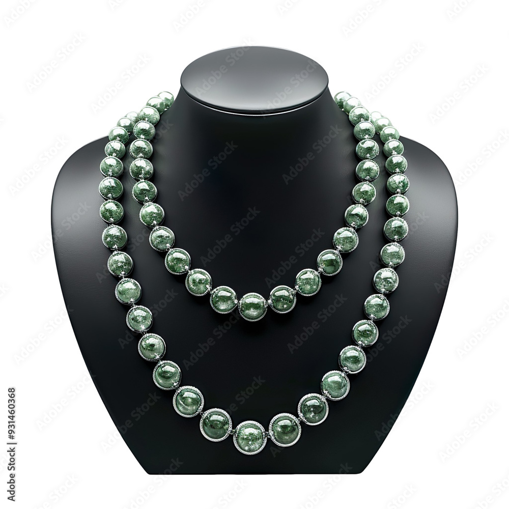 Front view of a vesuvianite bead necklace with silver spacer beads on a black bust isolated on a white transparent background Front view of a vesuvianite bead necklace with silver spacer beads on a black bust isolated on a white transparent background