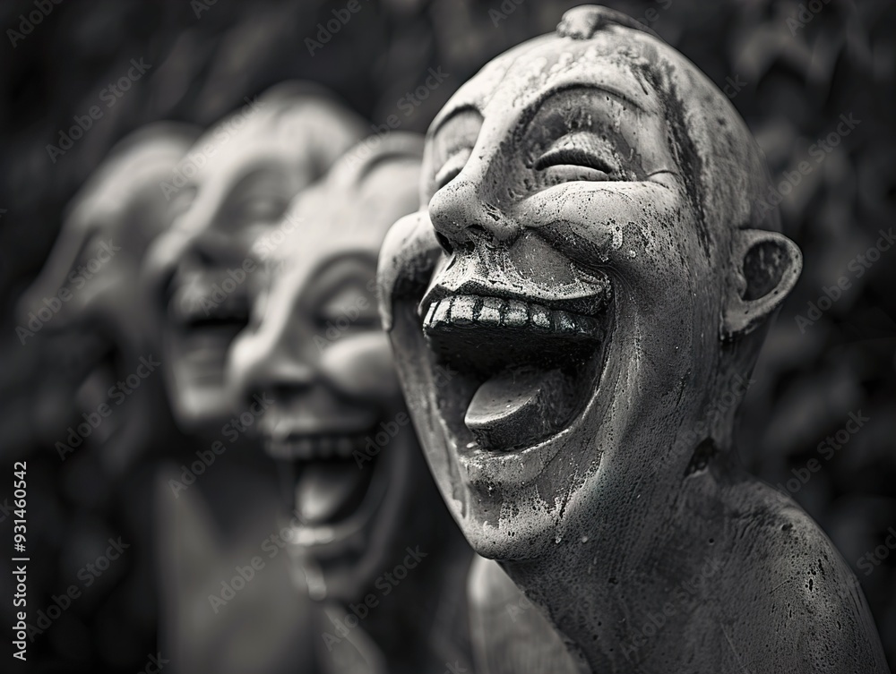 Row of Laughing Statues: A Black and White Sculpture Row of Laughing Statues: A Black and White Sculpture