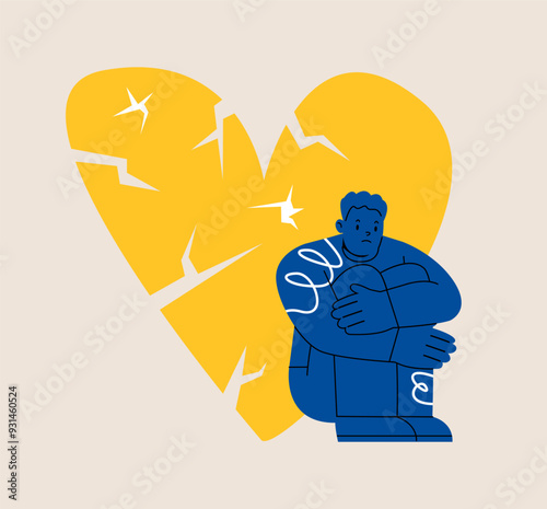 Upset man with broken heart. Colorful vector illustration