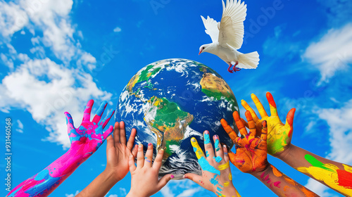 Children's hands in colorful paints reach out to the planet Earth next to a flying white dove. International Day of Peace