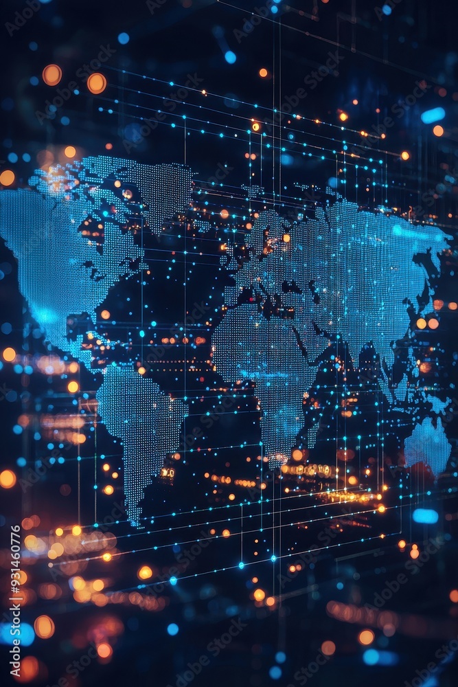 Fototapeta premium Digital world map with blurry glowing blue connections