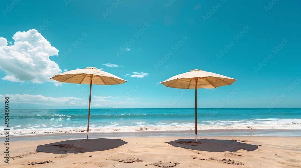 Fototapeta premium Landscape on La Boquilla beach with beautiful blue sky and sea viewumbrellas to rest : Generative AI