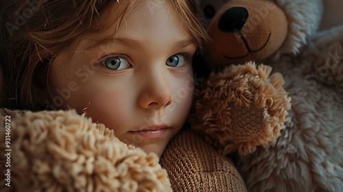 Close-up of a girl's cheek resting on a teddy bearâs head, both looking serene and content photo