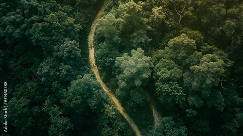 A winding path cuts through a dense, green forest from above, creating a scenic, natural mosaic of foliage and terrain.