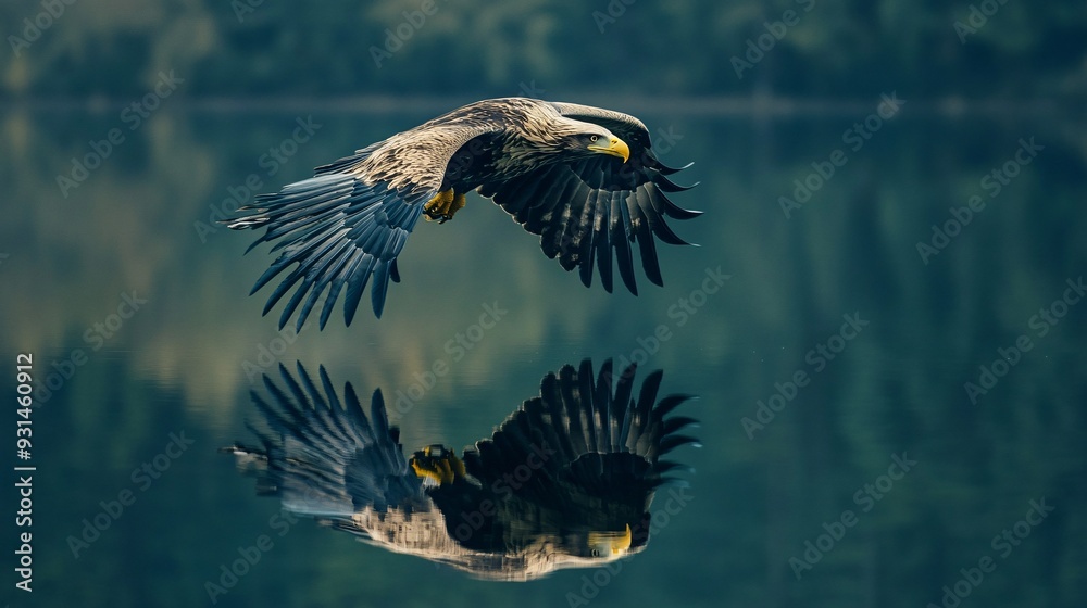 Fototapeta premium Eagle flying over a body of water with its reflection mirrored on the surface