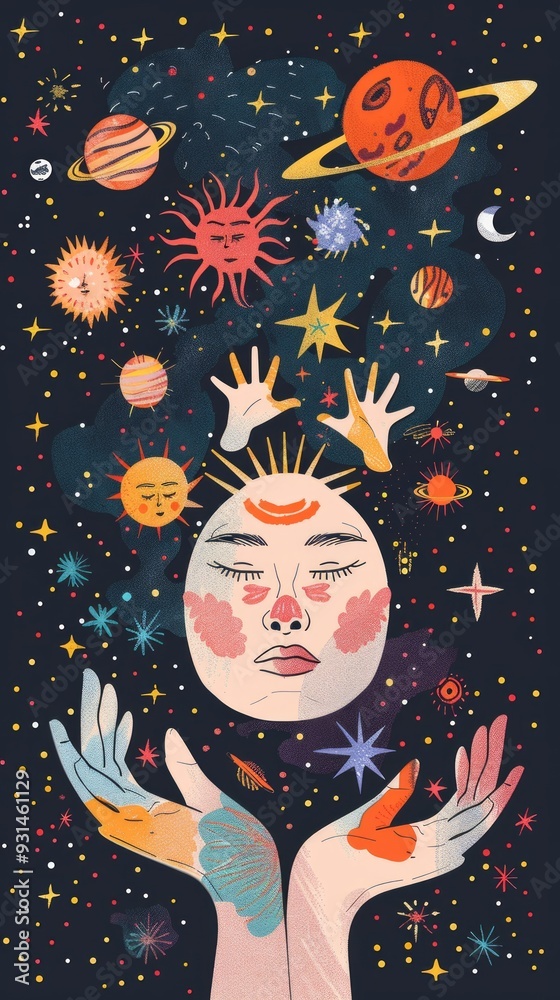Vertical digital painting of a woman in a cosmic setting with sun on her forehead, moon over eye, star hair, and celestial background. Vertical digital painting of a woman in a cosmic setting with sun on her forehead, moon over eye, star hair, and celestial background.