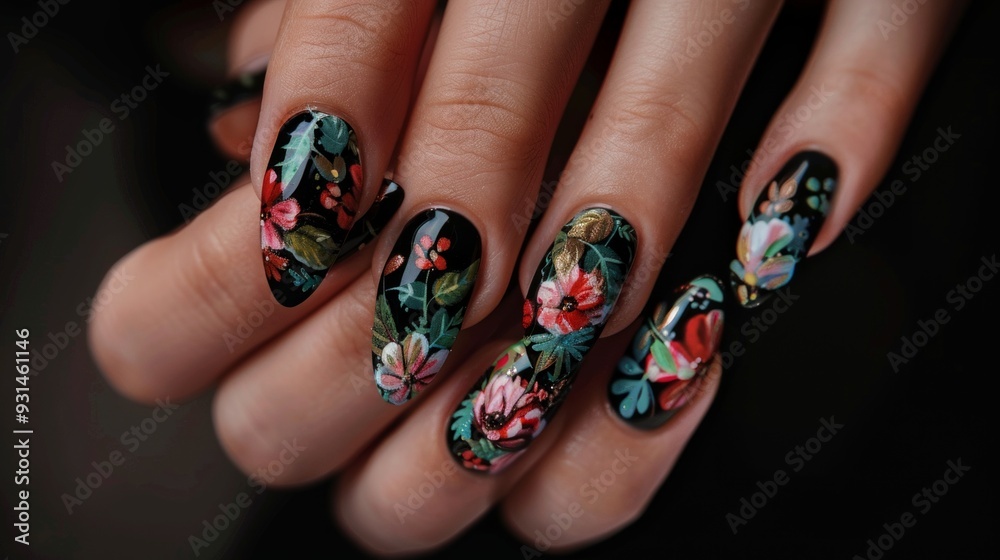 A hand with floral nail art design, featuring red and pink flowers and green leaves on long nails, is displayed on a black background. A hand with floral nail art design, featuring red and pink flowers and green leaves on long nails, is displayed on a black background.