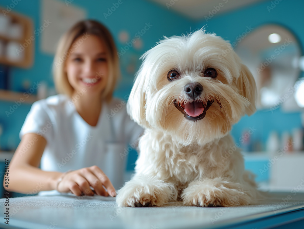 Happy dog at a grooming salon with a smiling groomer in a bright blue background Happy dog at a grooming salon with a smiling groomer in a bright blue background