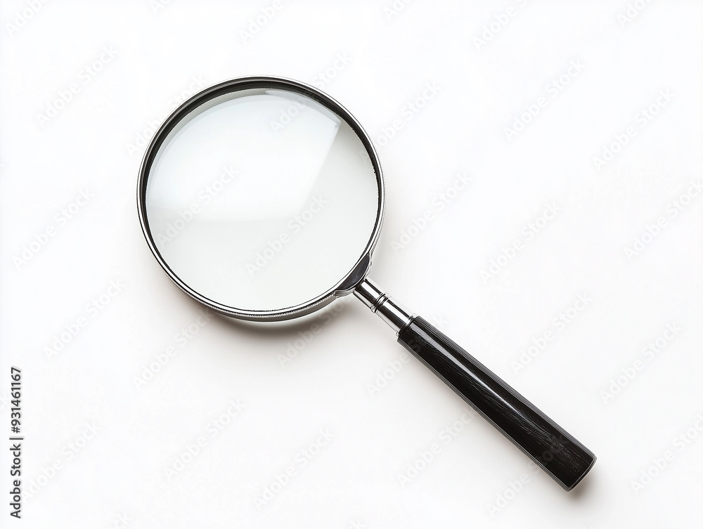 Magnifying glass resting on a white surface showcasing its lens and handle Magnifying glass resting on a white surface showcasing its lens and handle