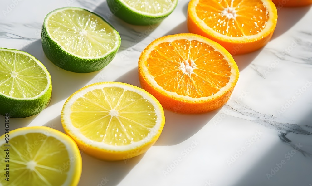 Photo of citrus fruit, orange and lime slices on a white marble background with shadows, Photo of citrus fruit, orange and lime slices on a white marble background with shadows,