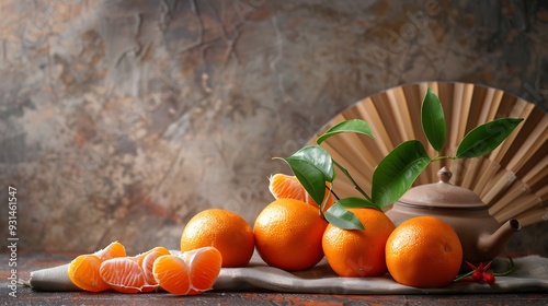 Mandarins with teapot Japanese envelopes and fan on table against grey grunge background New Year celebration : Generative AI photo