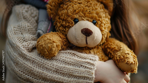 Close-up of a girl holding a teddy bear with both arms, the bearâs worn fur showing signs of being well-loved photo