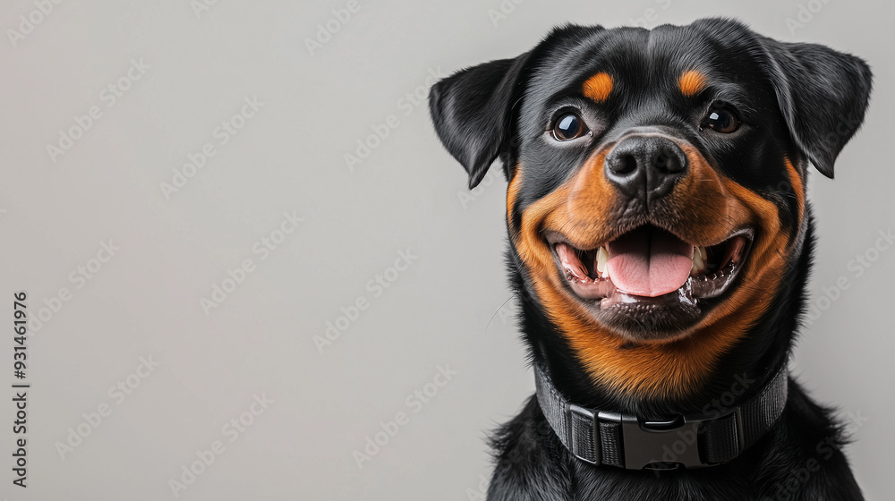 Fototapeta premium Rottweiler wearing a black collar, confidently smiling against a plain gray background. The image conveys strength and happiness.