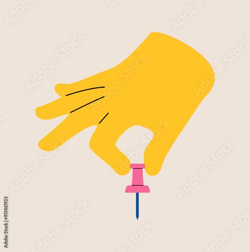 Hand holding pushpins. Colorful vector illustration