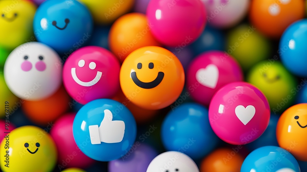 Social media icon background. Multicolor balls with smile face, heart and thumbs up symbols Social media icon background. Multicolor balls with smile face, heart and thumbs up symbols
